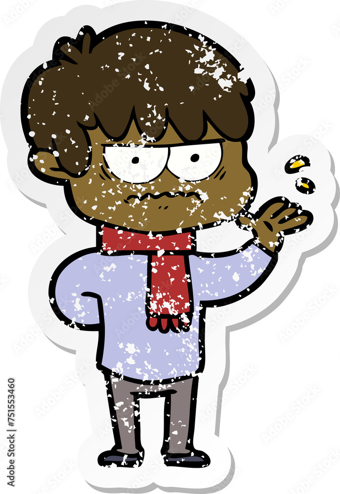 distressed sticker of a annoyed cartoon boy distressed sticker of a annoyed cartoon boy