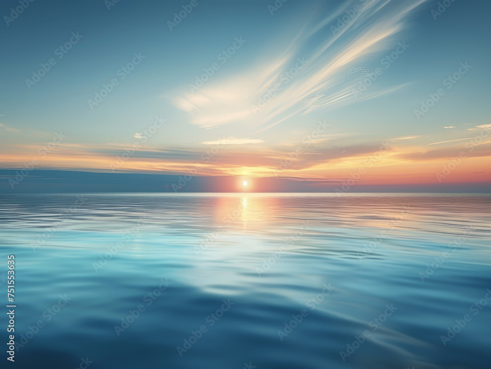 A beautiful blue ocean with a sun setting in the background
