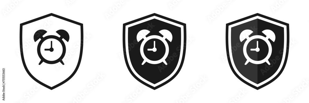 Set of alarm clock icons with shield. Vector illustration Set of alarm clock icons with shield. Vector illustration