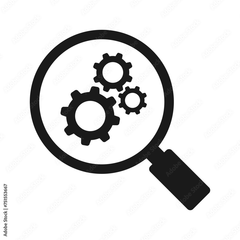 Magnifying glass icon with gear. Vector illustration Magnifying glass icon with gear. Vector illustration