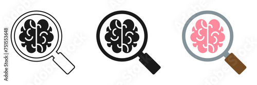 Set of magnifying glass icons with brains. illustration