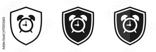 Set of alarm clock icons with shield. Vector illustration