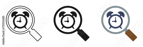 Set of magnifying glass icons with alarm clock. Vector illustration