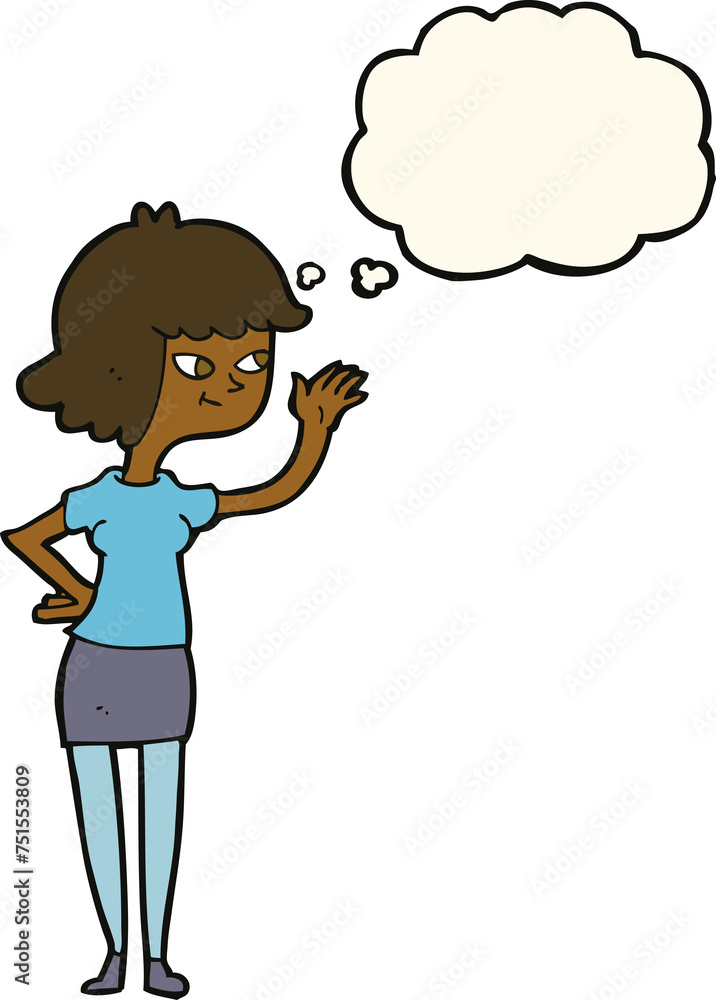 cartoon friendly girl waving with thought bubble cartoon friendly girl waving with thought bubble