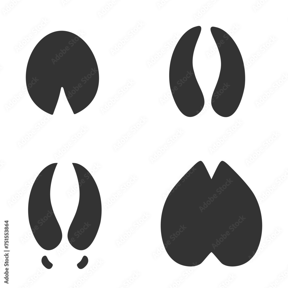 Mammals  footprints silhouettes set isolated on white background, such as idea of logo in gray. Moose, camel, deer, horse footprints. Stock vector. EPS10.