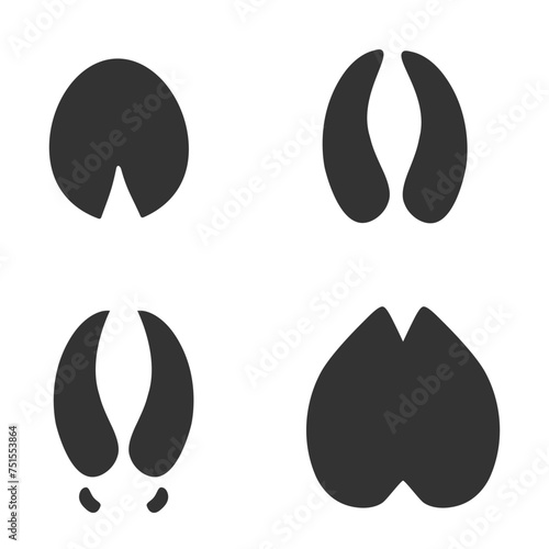 Mammals  footprints silhouettes set isolated on white background, such as idea of logo in gray. Moose, camel, deer, horse footprints. Stock vector. EPS10. photo