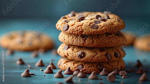 Mountain of Cookies with Chocolate Chips on Blue Background