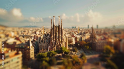 Tilt-shift photography of the Barcelona. Top view of the city in postcard style. Miniature houses  streets and buildings