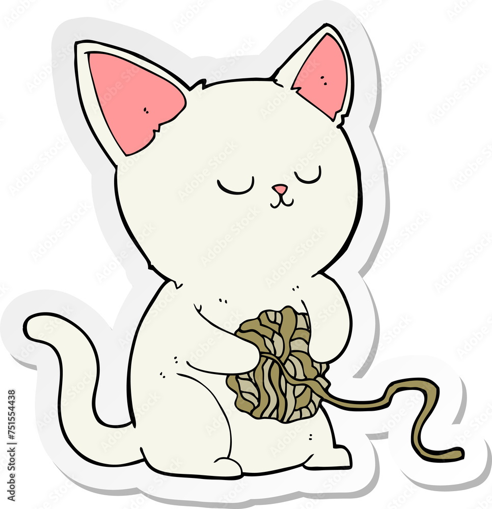 sticker of a cartoon cat playing with ball of yarn sticker of a cartoon cat playing with ball of yarn