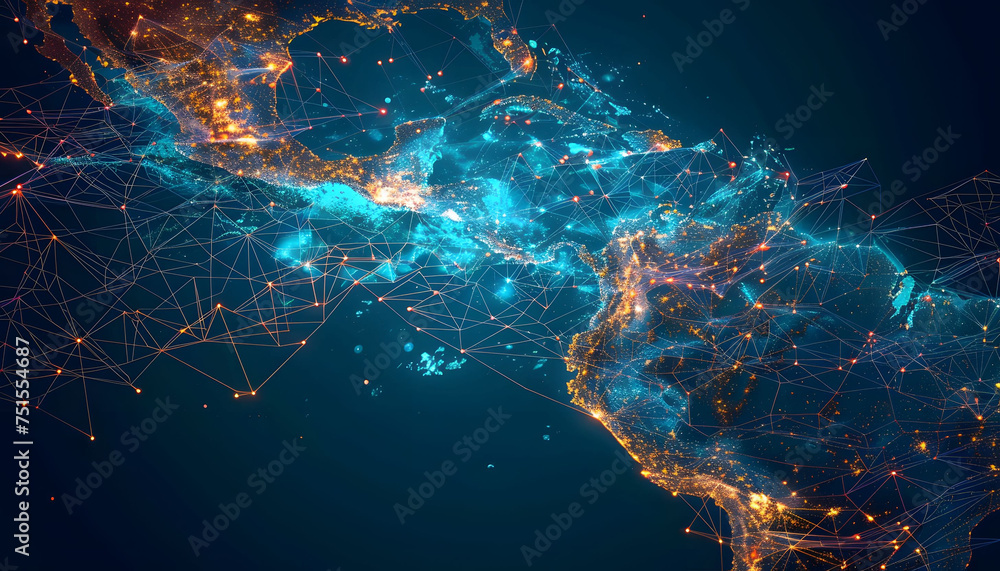 abstract map of the Central America, global network and connectivity concept. - obrazy, fototapety, plakaty 