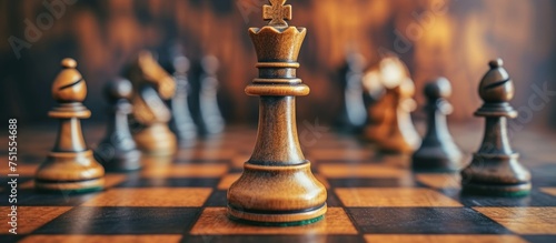 Intense chess game strategy on wooden board with pieces in position