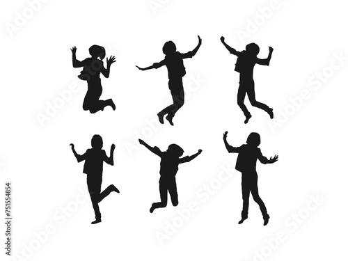 A group of happy children jumping. Children Holiday, school, Sport. For Art, web graphic design. Vector illustration. Back to school. Silhouettes of children playing isolated on white background. photo