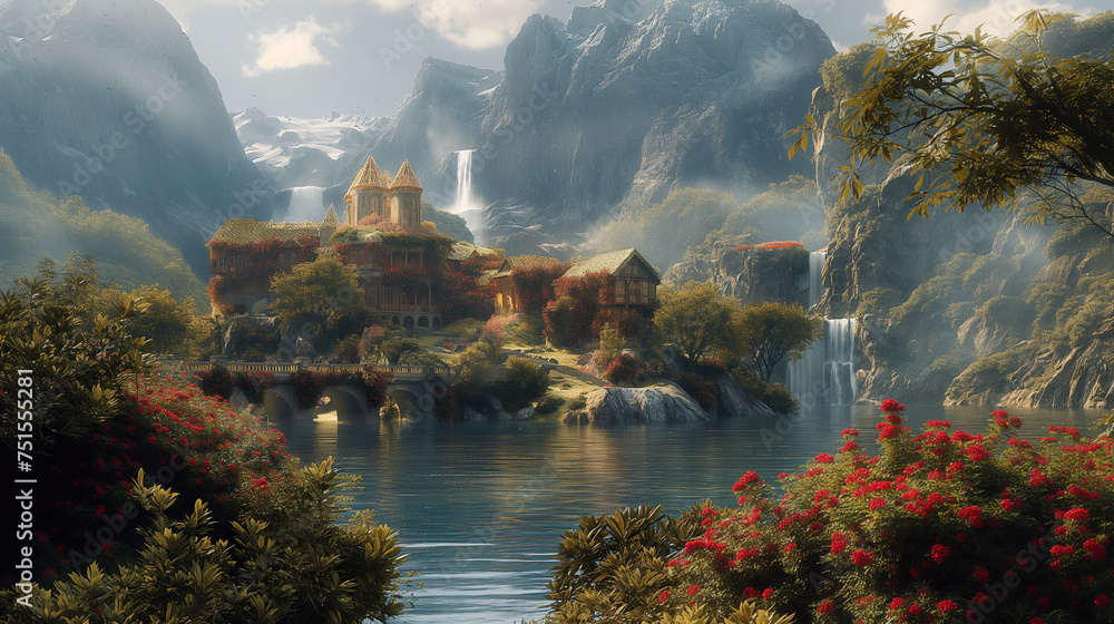 A fantasy village with houses and waterfalls nestled among mountains and flowers. - obrazy, fototapety, plakaty 