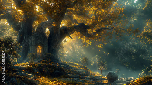 A mystical tree with a door, bathed in golden light in an enchanted forest.