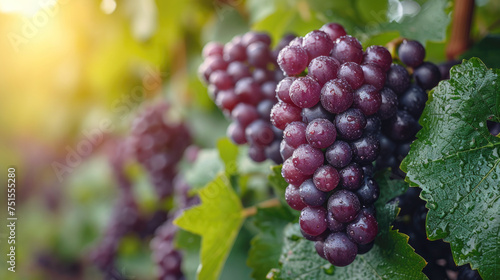 A bunch of black grapes on a green natural vineyard background, Kyoho grapes with leaves on a blurred background. Copy space.
