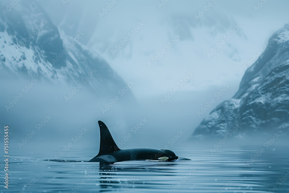 Naklejka premium Orca, killer whale in cold nordic waters. Orca swims in cold waters. Orca showing itself.