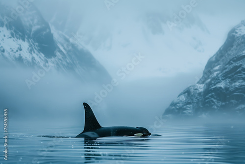 Orca, killer whale in cold nordic waters. Orca swims in cold waters. Orca showing itself. © Noize