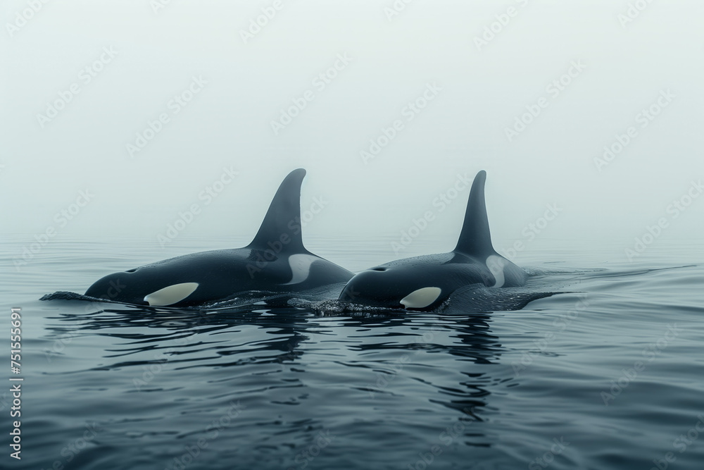 Fototapeta premium Orca, killer whale in cold nordic waters. Orca swims in cold waters. Orca showing itself.