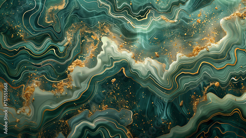 Artistic abstract background featuring wavy emerald green and gold marble texture, ideal for luxurious and elegant design themes. 