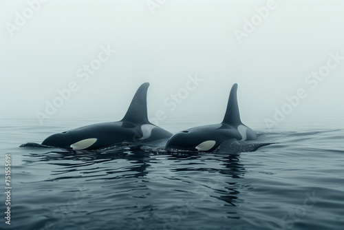 Orca, killer whale in cold nordic waters. Orca swims in cold waters. Orca showing itself. © Noize