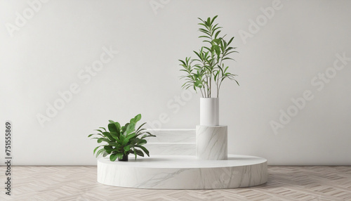 White marble podium stand mock up template display showcase for product presentation with freshness nature branch tree leave with shadow