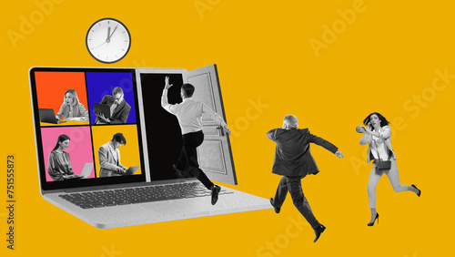 Contemporary art collage. People workers running to open door in laptop on which taking place online meeting. Hyrbrid work in office and in distance. Concept of business, multitasking, management. Ad photo