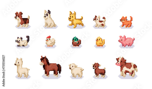 Vector Cute Pixel Art Animals Farm Domestic Set Illustration Isolated