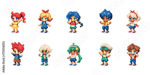 Vector Cute Pixel Art Characters Boys Girls set illustration Isolated