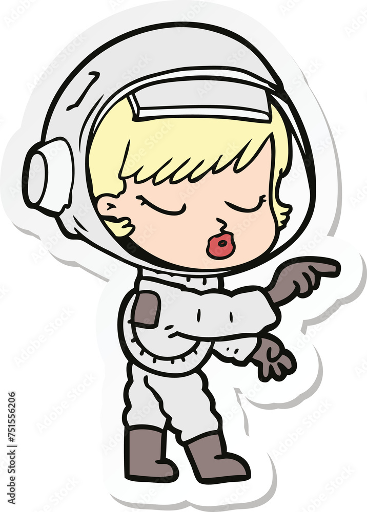 sticker of a cartoon pretty astronaut girl pointing sticker of a cartoon pretty astronaut girl pointing