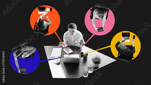 Contemporary art collage. Monochrome workers working, connected by colored lines, against black background. Networked activity. Concept of business, multitasking and time management, hybrid work. photo