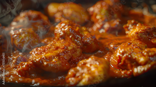 Sizzling chicken wings on hot pan