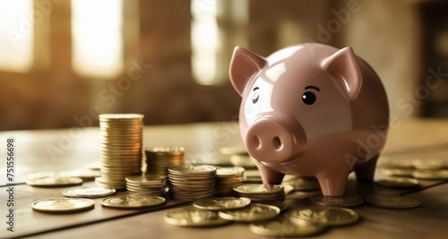  Piggy bank filled with gold coins, symbolizing savings and wealth