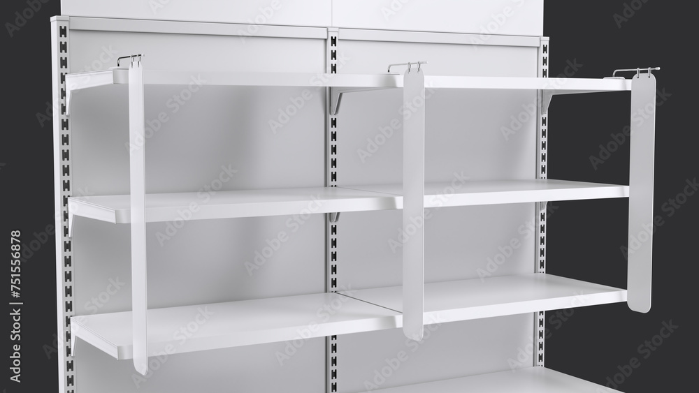 Empty retail shelves with shelf stoppers with magnetic holders. 3d illustration isolated on black Empty retail shelves with shelf stoppers with magnetic holders. 3d illustration isolated on black