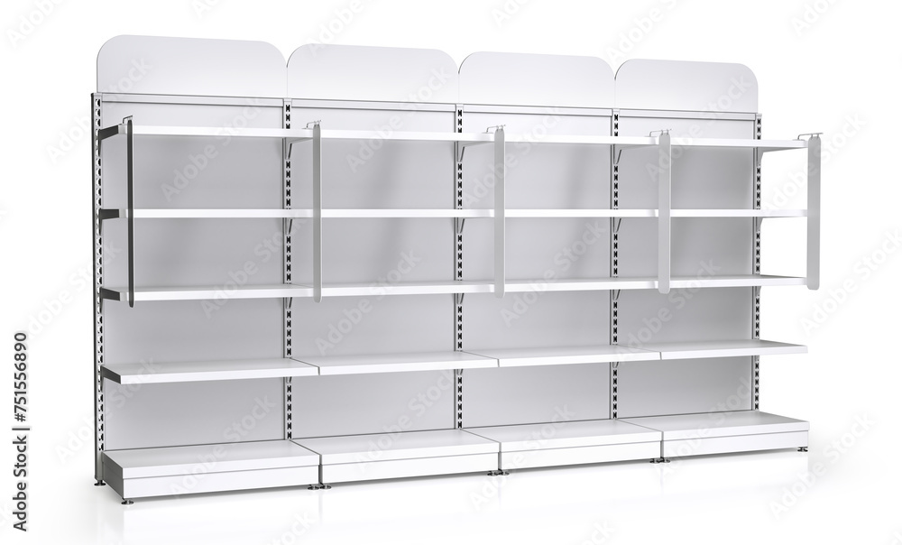 Retail racks mockup with toppers and stoppers. 3d illustration on white background Retail racks mockup with toppers and stoppers. 3d illustration on white background