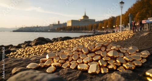  Golden treasure on rocky shore, symbolizing wealth and prosperity