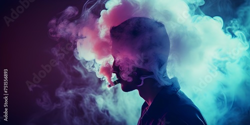 Person exhaling vapor from ecigarette in a sleek modern vaping session. Concept Vaping, Ecigarette, Modern, Sleek, Exhaling