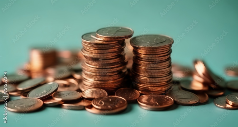  A pile of coins on a blue background - obrazy, fototapety, plakaty 