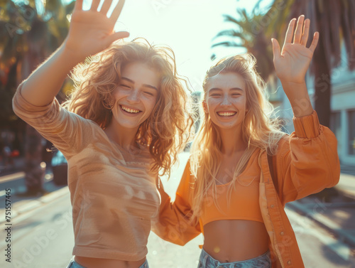 2 blond hair young woman trip on beach background saluting with hand with happy expression