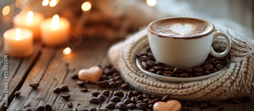 A steaming cup of freshly brewed coffee with aromatic coffee beans on a rustic wooden table photo