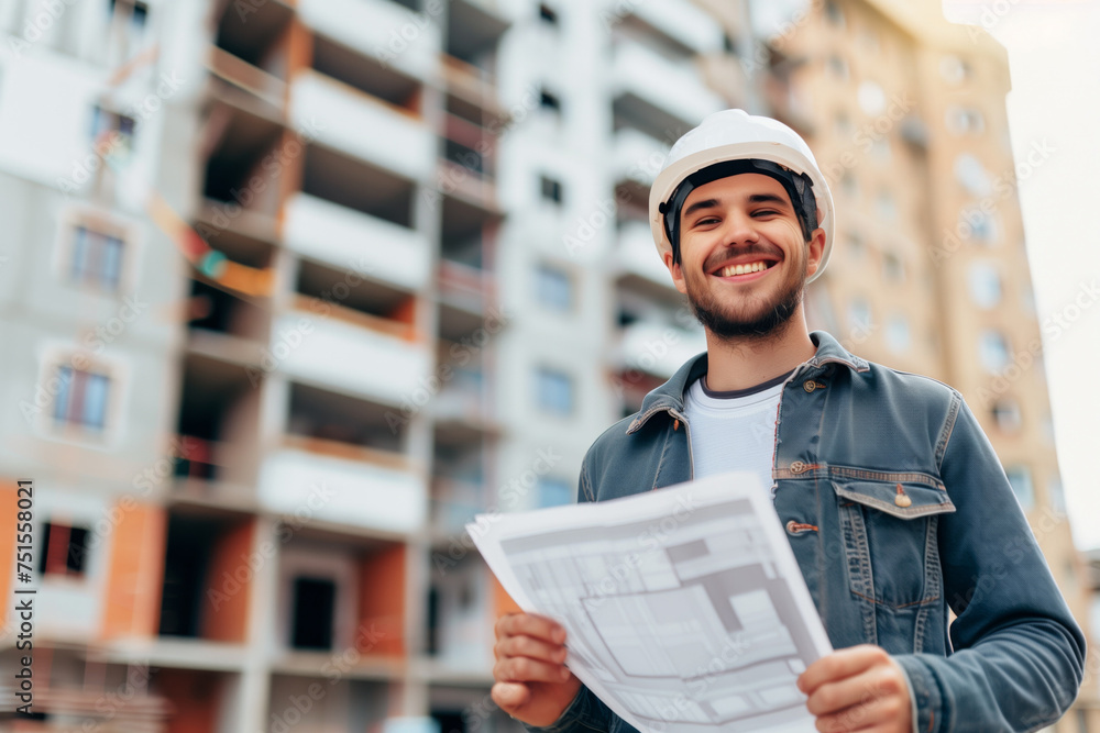 Portrait of an architect in a white helmet against the background of a house under construction with plans and layouts on paper Portrait of an architect in a white helmet against the background of a house under construction with plans and layouts on paper