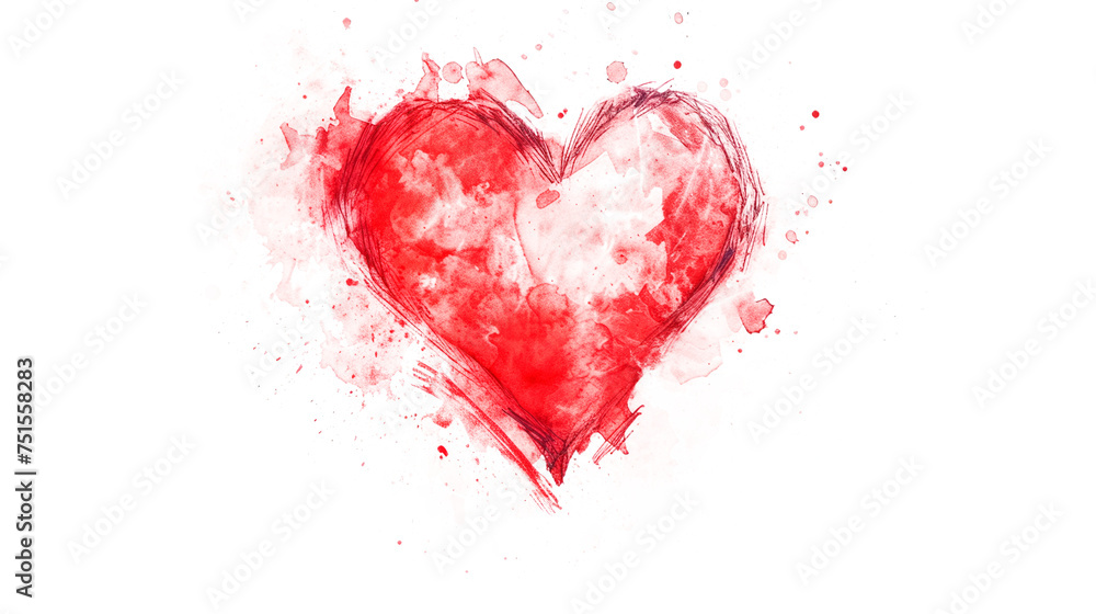 A red heart in watercolor style with red paint splatters on it Isolated on transparent background, PNG