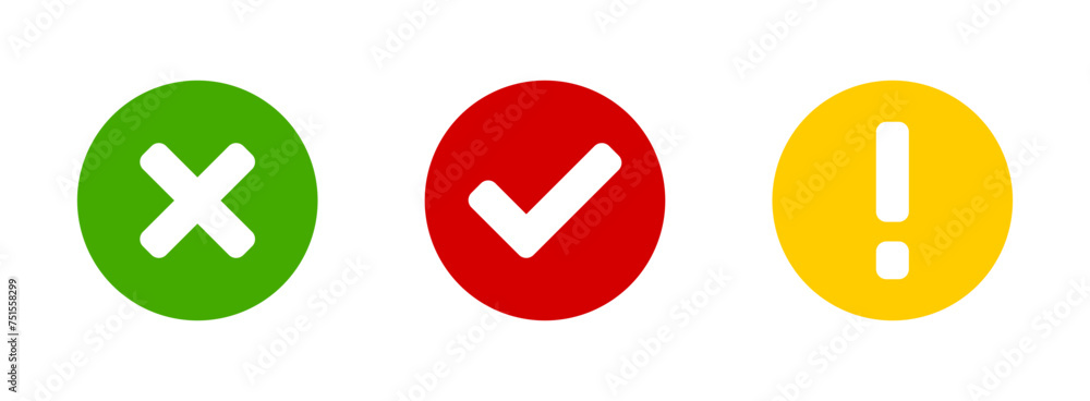 Green Red and Yellow Yes or OK and No or Declined and Problem or Warning Flat Icon Set with Check Mark X Cross and Exclamation Mark Symbols in Circles. Vector Image. Green Red and Yellow Yes or OK and No or Declined and Problem or Warning Flat Icon Set with Check Mark X Cross and Exclamation Mark Symbols in Circles. Vector Image.