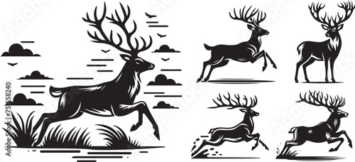 full silhouette of deer in motion  leaping and standing  impressive antlers  black vector