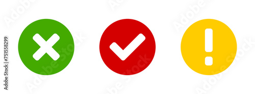 Green Red and Yellow Yes or OK and No or Declined and Problem or Warning Flat Icon Set with Check Mark X Cross and Exclamation Mark Symbols in Circles. Vector Image.