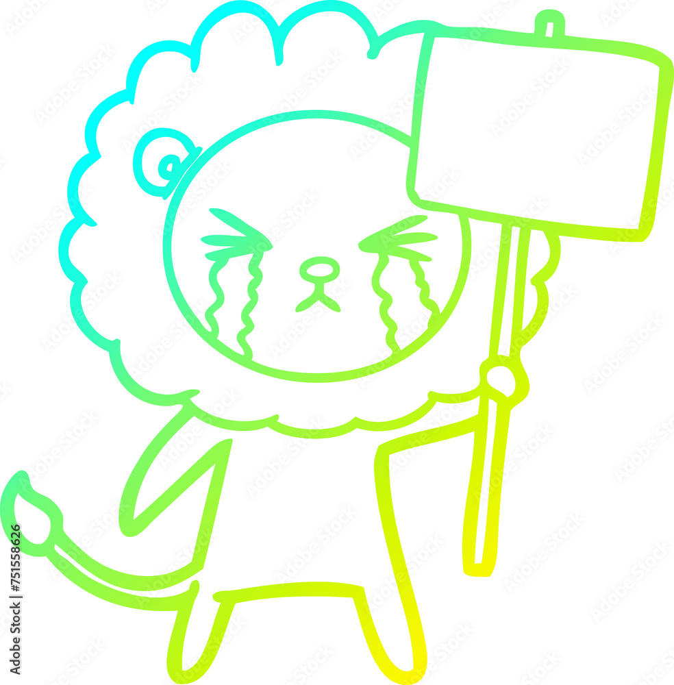 cold gradient line drawing cartoon crying lion with placard cold gradient line drawing cartoon crying lion with placard
