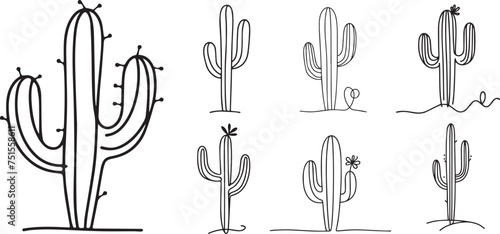 hand-drawn cacti in one thin line, minimalist vector illustration silhouette for laser cutting cnc, engraving, decorative clipart, black shape outline