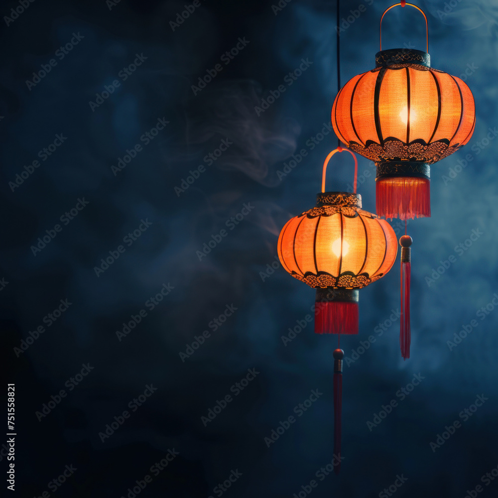 Traditional red lanterns glowing against a dark, smoky background, ideal for festive decoration themes or vibrant event invitations.