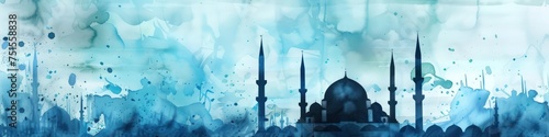 A watercolor painting of mosque silhouettes against a washy blue backdrop, which can be used for spiritual event backgrounds or reflective social media posts. photo