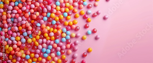 Assortment of colorful candies spread over a pink background.