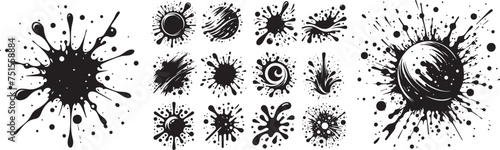 ink stains, irregular shapes paint dabs and spray splash, vector black photo
